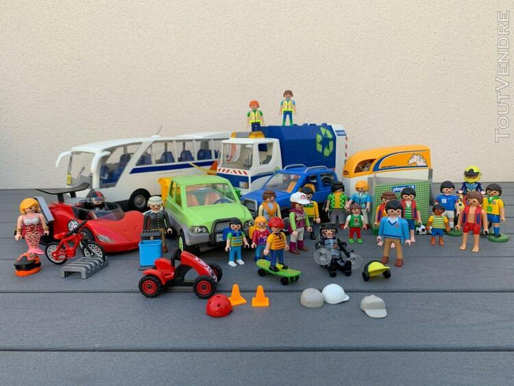 playmobil ville, voitures, camion poubelles, bus, chevaux