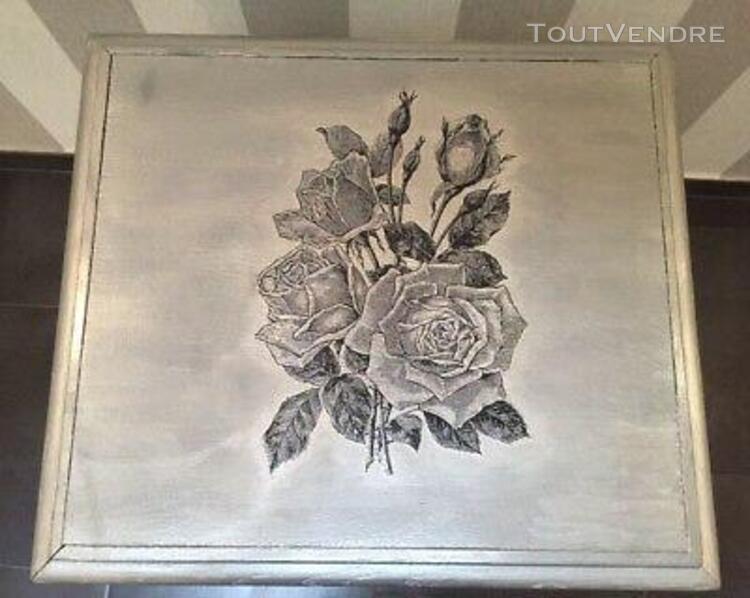 chevet table de nuit restauré noir argent bouquet roses