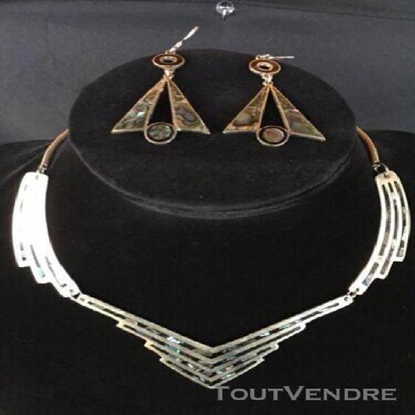 Parure collier boucles d’oreilles argent alpaca nacre