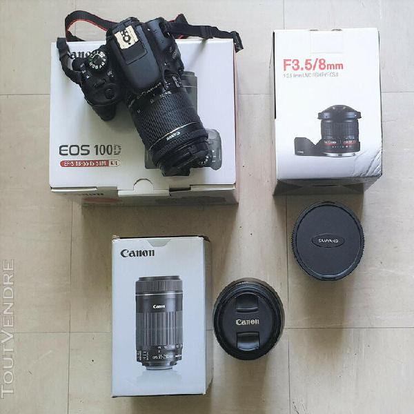 canon eos 100d + 18-55 + 55-250 + fish eye + 2 batteries + t