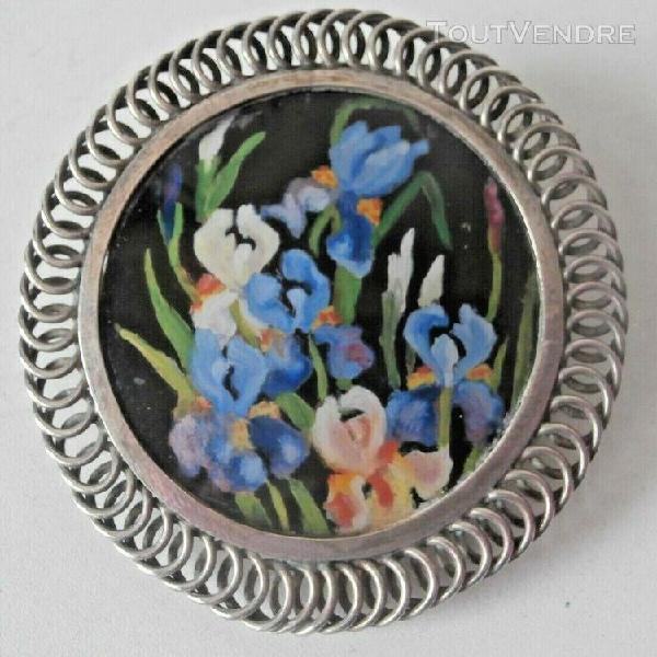 Broche ancienne argent massif bouquets peint