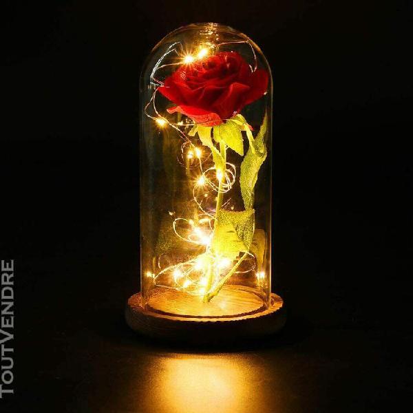 Rose rouge réaliste artificielle cloche verre lumière led