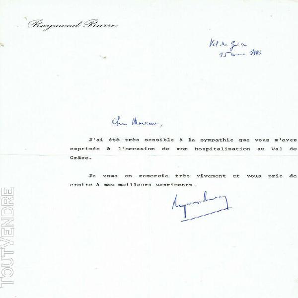 Raymond barre premier ministre lettre autographe signé 1984