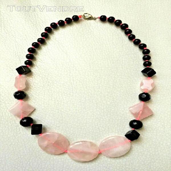 Magnifique collier rose quartz onyx noir necklace neuf