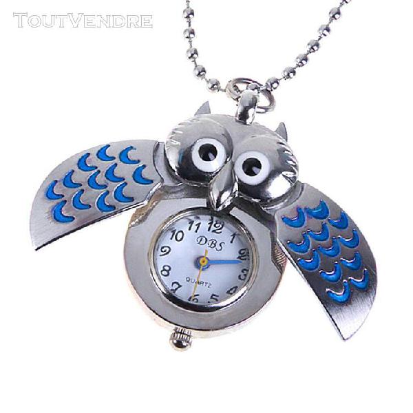 Bleu argent mini-hibou collier de montre de poche