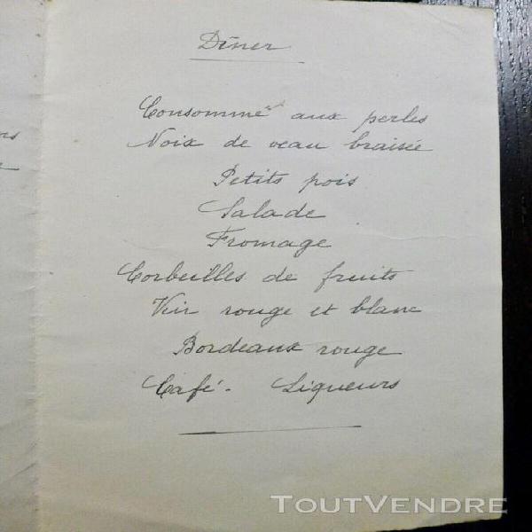 Menu vintage ancien - mariage octobre 1934