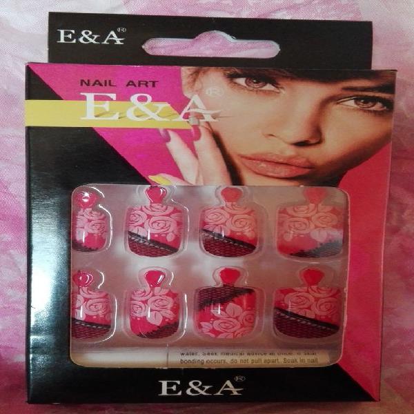 Kit faux ongles motif rose avec colle et lime &quot;e&amp;a&quot;