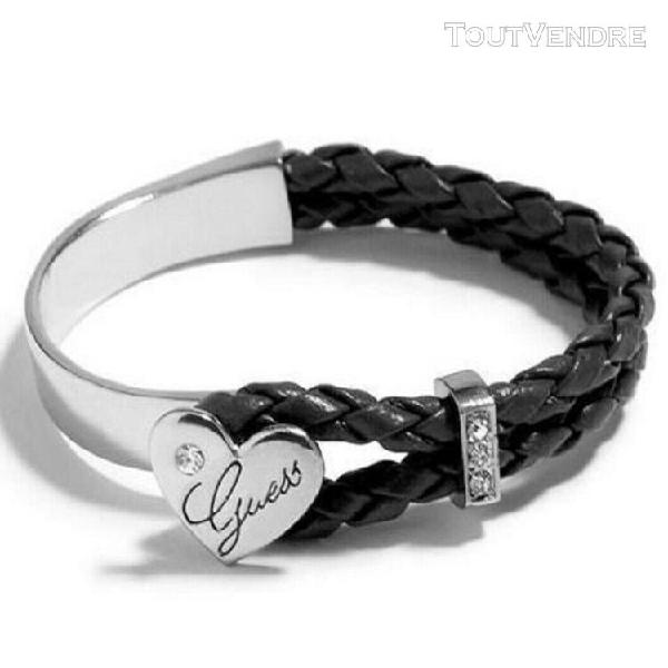 Bracelet guess cuir tressé et acier cœur et strass noir