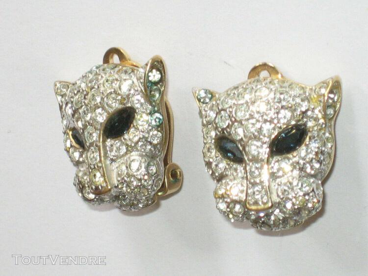 boucles oreilles clips tête de chat métal et strass