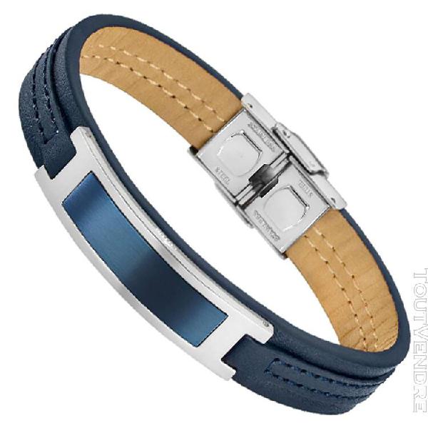 Bracelet lotus homme cuir et acier bleu marine