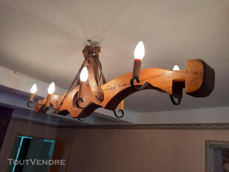 Suspension 8 lampes sur joug en bois