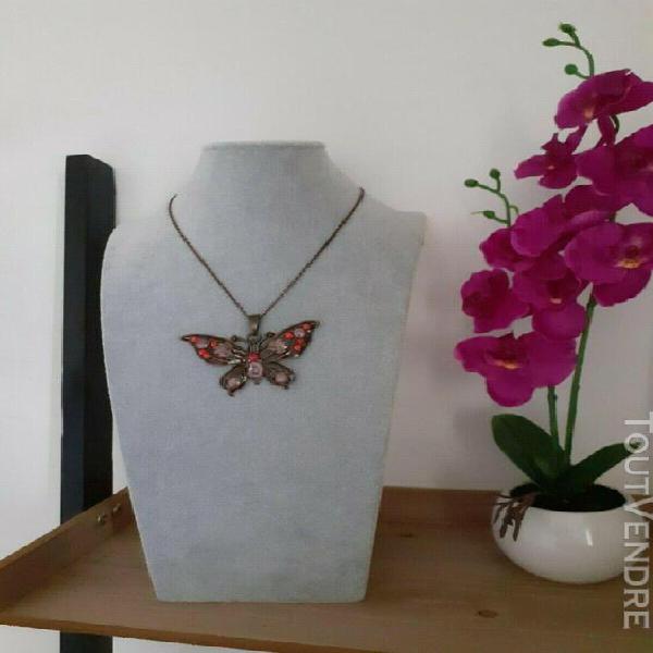 Collier art nouveau bronze émaillé papillon et fleurs