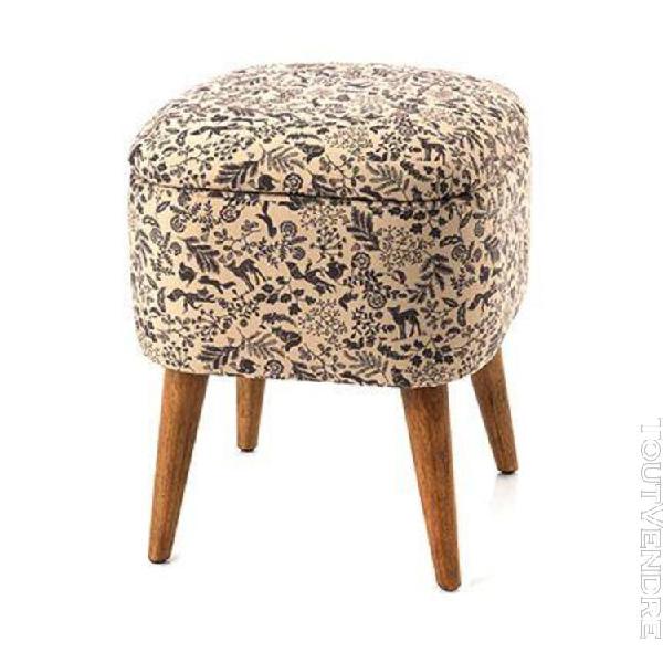 Tabouret coffre 41x41x49 cm en tissu beige et noir