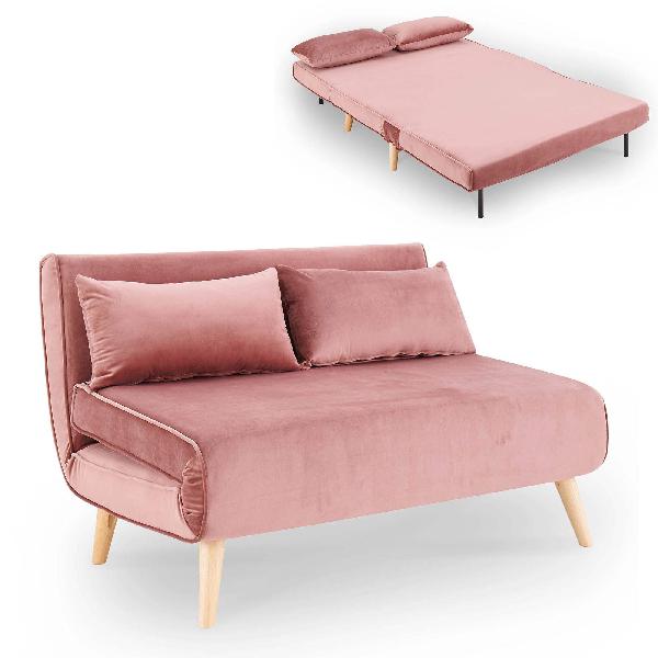 Banquette convertible 2 places en velours rose tonka