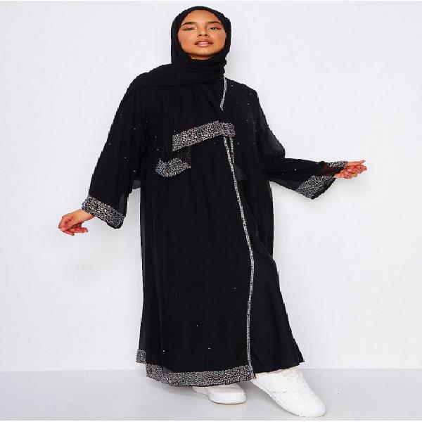 Abaya luxe dubai noire + gilet + foulard avec strass -