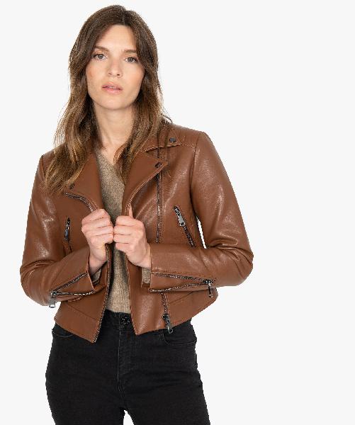 blouson femme esprit biker à zip asymétrique camel