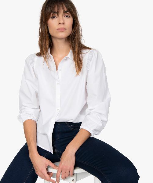 Chemise femme à manches longues et épaules froncées ecru