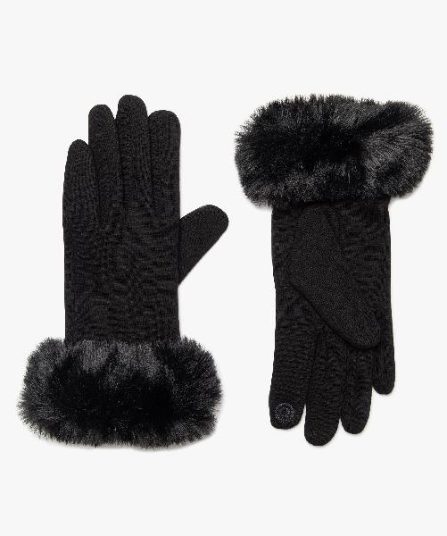 gants femme tactiles avec poignet en maille peluche noir