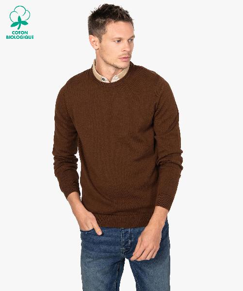 Pull homme à col rond 100% coton biologique marron