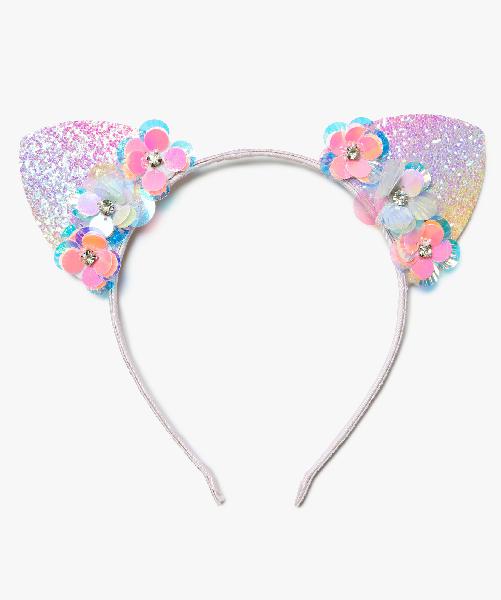 Serre-tête fille pailleté à oreilles de chat et fleurs