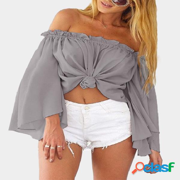 Transparent Light Grey Off Shoulder Crop Top with Long Sleeves