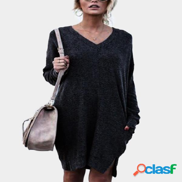 Black V-Neck Long Sleeves Casual Sweaters with Side Pockets