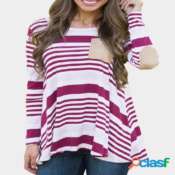 Plum Stripe Pattern Round Neck Long Sleeves Loose Casual T-shirt