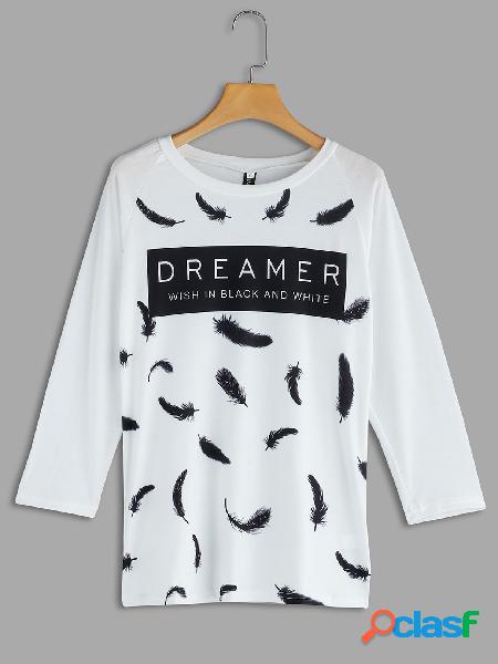 White Letter & Feather Printed Crew Neck Long Sleeves T-shirt