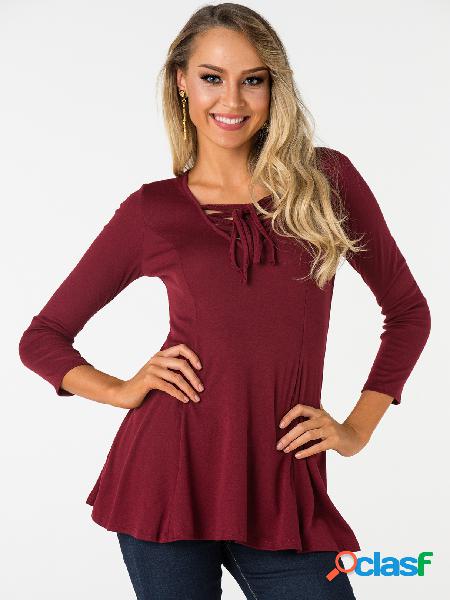 Red lace up design plain v-neck long sleeves blouse