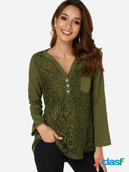 Green lace insert v-neck long sleeves shirt