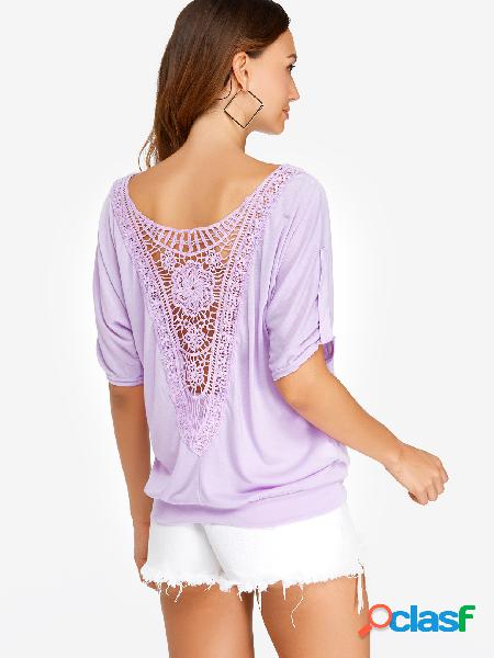 Purple lace insert round neck short sleeves t-shirts