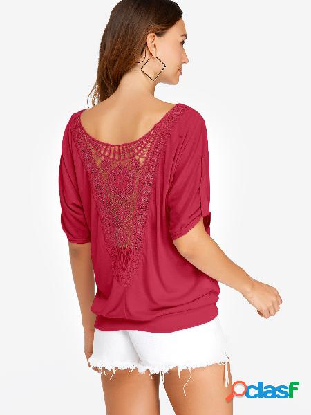 Red lace insert round neck short sleeves t-shirts