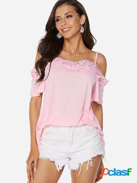 Pink lace trim plain cold shoulder half sleeves blouses