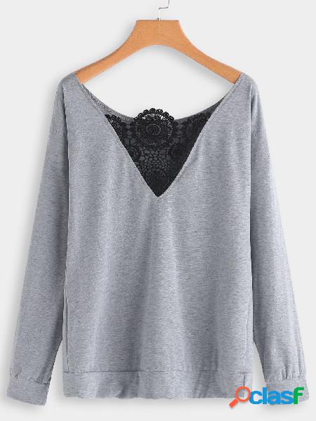 Grey lace insert one shoulder long sleeves t-shirts