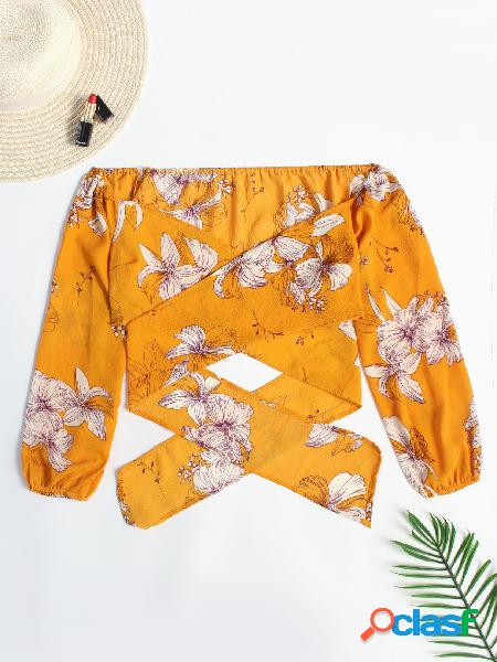 Yellow crossed front design floral print self-tie waist lantern sleeves blouses