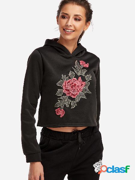 Black Embroidered Long Sleeves Thick Crop Hoodie