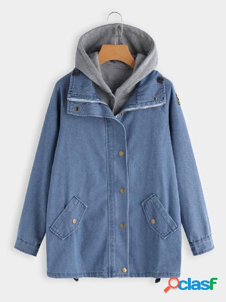 Blue Waistcoat Design Lapel Collar Long Sleeves Hooded Denim Coat