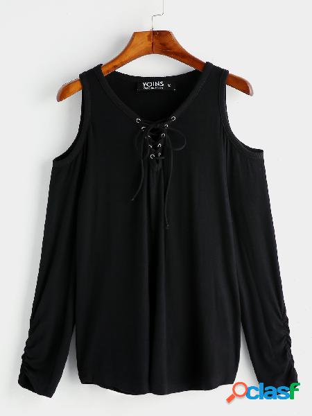 Black lace-up design cold shoulder long sleeves tee