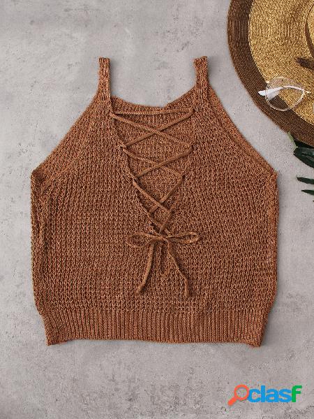 Khaki lace-up design sleeveless knitted basic cami top