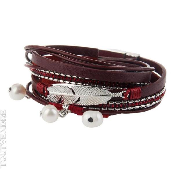 Bracelet cuir femme multicouches avec perles et plume en all