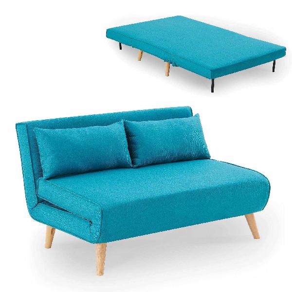 Banquette convertible 2 places en tissu bleu turquoise tonka