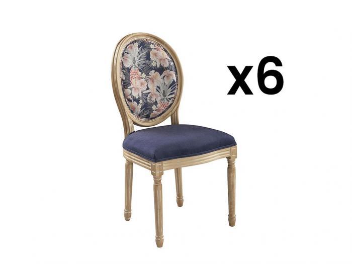 Lot de 6 chaises louis xvi - velours bleu - motif fleurs