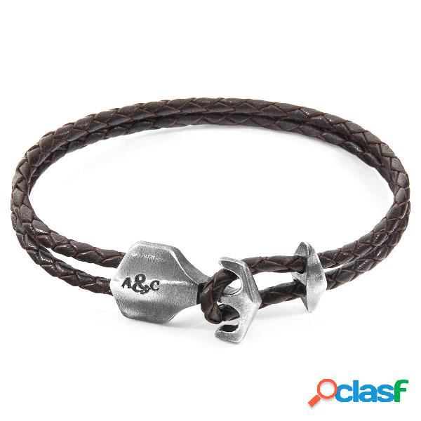 Bracelet Ancre Delta Argenté Et Cuir Tressé Marron Foncé