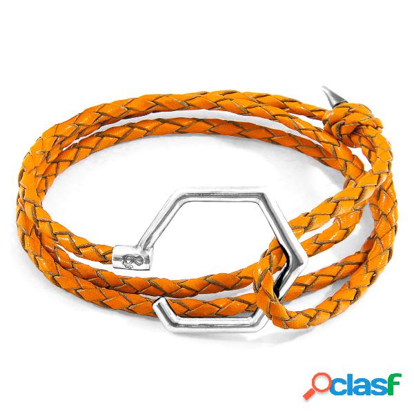 Bracelet storey argent et cuir tressé orange feu