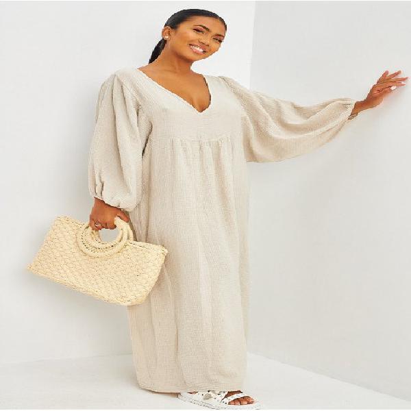 Robe longue ample en gaze de coton beige - brentiny paris