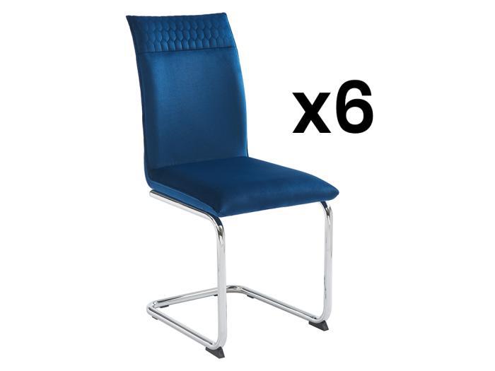 lot de 6 chaises en velours et métal chromé - bleu -