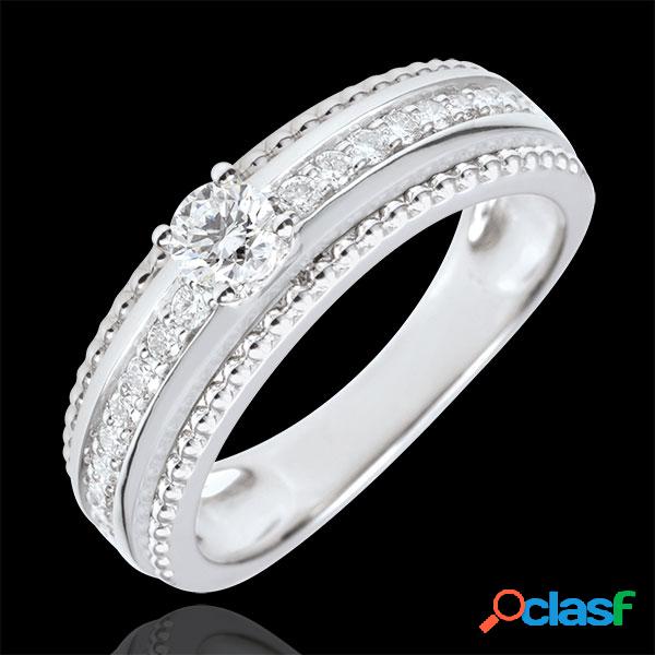 Bague solitaire - fleur de sel - deux anneaux - 0.18 carat - or blanc 18 carats