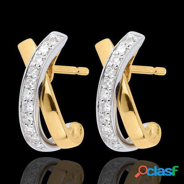 Boucles d&#39;oreilles noeuds tandem paves 22 diamants - or blanc et or jaune 18 carats