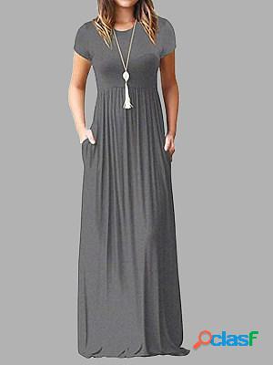 Casual solid color pocket short sleeve maxi dress