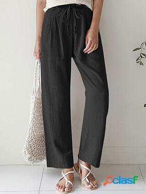 Casual solid color straight leg elastic waist cotton linen pants